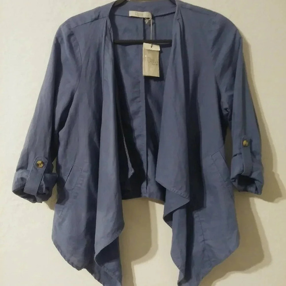 Dalia Linen/Cotton Blue Asymmetrical Open Jacket - Picture 2 of 5